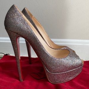 Louboutin Lady Peep Rainbow Glitter Platform Heels